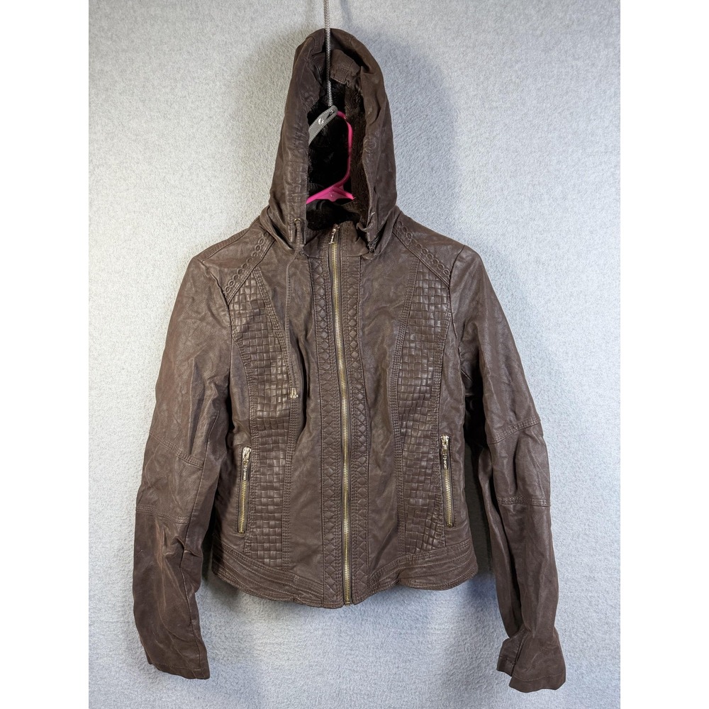 Palomares Sports Jacket Womens Medium Brown Faux Leather Hooded Moto Lined